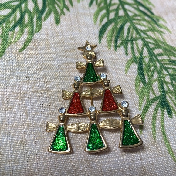 Jewelry - Vtg Angels Christmas Tree Brooch Red Green Enamel Gold Tone Rhinestones